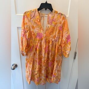 H&M Floral Babydoll Mini Dress Size Small Orange Pink Yellow Boho Summer 70s